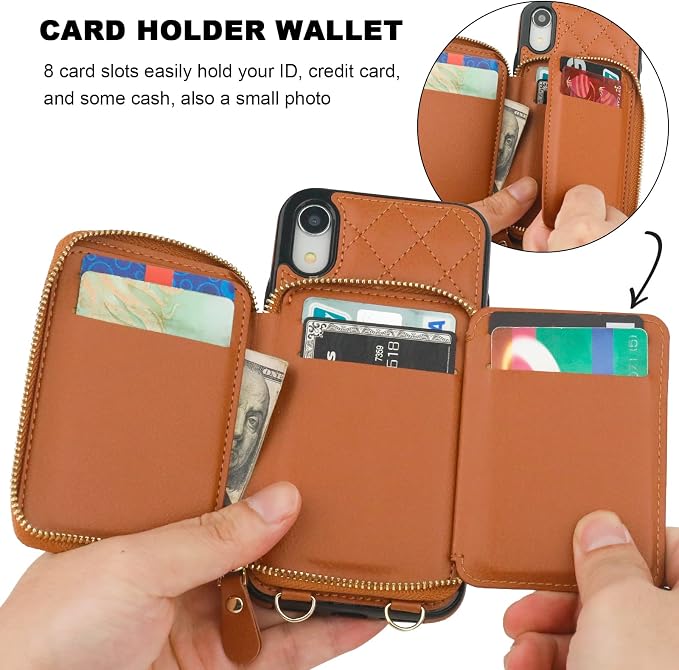 Bocasal Crossbody Wallet Case for iPhone Xr, RFID Blocking PU Leather Zipper Handbag Purse Flip Cover, Kickstand Folio Case with Card Slots Holder Wrist Strap Lanyard 6.1 Inch (Brown)