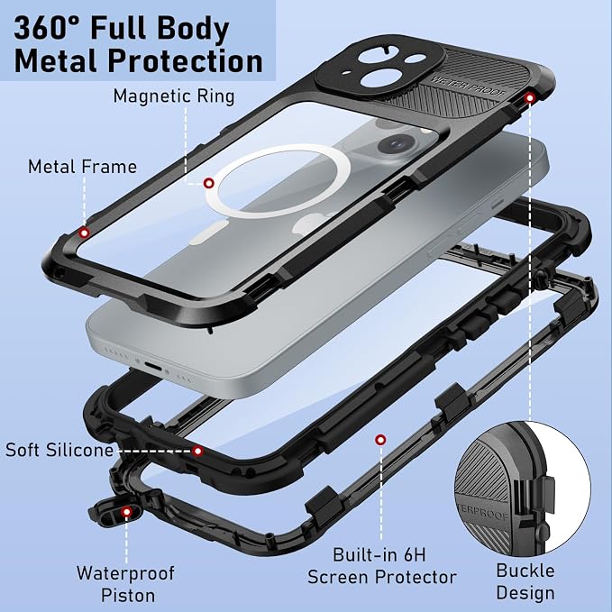 WIFORT for iPhone 15 Plus Waterproof Case - Built-in [Screen Protector][IP68 Water Proof][14FT Military Grade Shockproof], Rugged Metal Full Body Aluminum Protective Drop Protection Cover, 6.7" Black