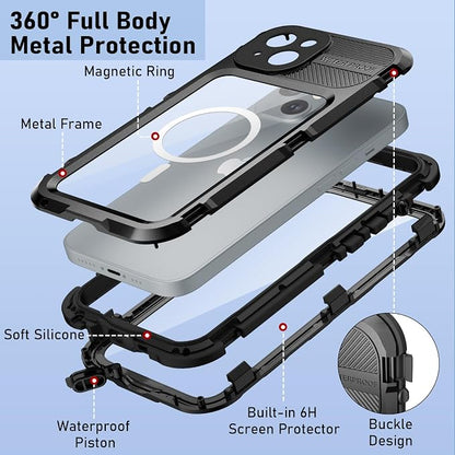 WIFORT for iPhone 15 Plus Waterproof Case - Built-in [Screen Protector][IP68 Water Proof][14FT Military Grade Shockproof], Rugged Metal Full Body Aluminum Protective Drop Protection Cover, 6.7" Black
