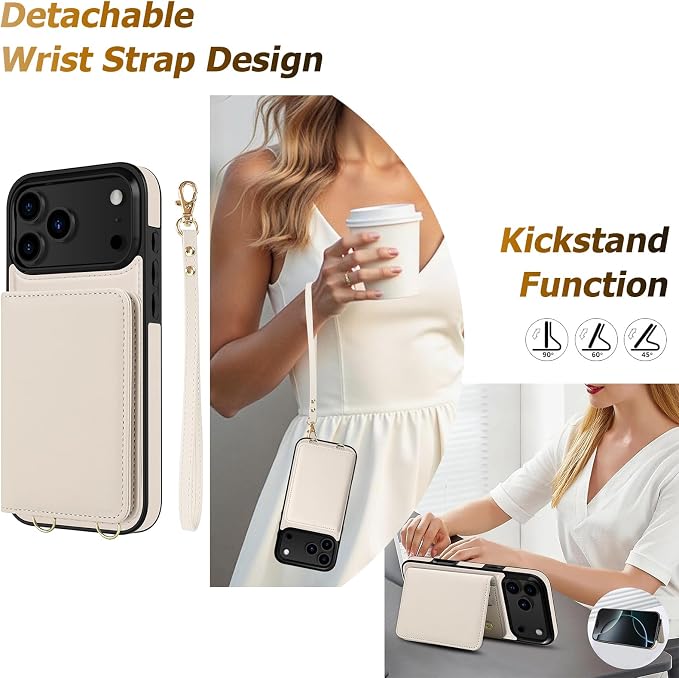 LOHASIC for iPhone 17 Pro Case Wallet with Detachable Crossbody Strap & Wrist Lanyard, RFID Blocking, 4 Card Slots 2 Cash Pockets, Leather Case with Card Holder for Women Girls, Ivory White