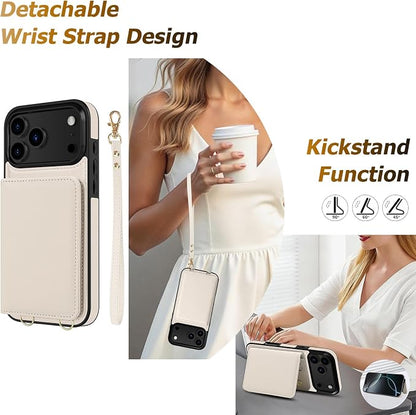 LOHASIC for iPhone 17 Pro Max Case Wallet with Detachable Crossbody Strap & Wrist Lanyard, RFID Blocking, 4 Card Slots 2 Cash Pockets, Leather Case with Card Holder for Women Girls, Ivory White