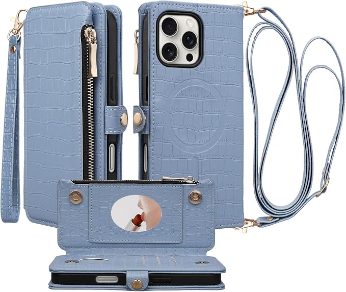 Crossbody Wallet Case for iPhone 16 Pro with Mirror, Wrist Strap, Zipper Purse Magnetic Flip RFID Blocking Card Holder, Wireless Charging, PU Leather Shockproof 6.3" Women (Blue)