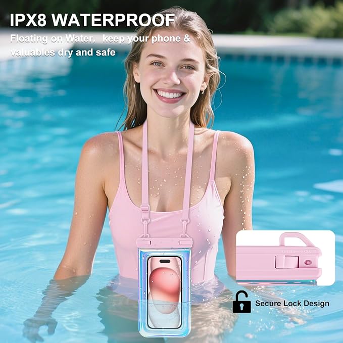 Waterproof Phone Pouch, IPX8 Floating Waterproof Phone Case Fits 7″Phones, Glitter Letter and Adjustable Neck/Crossbody Strap Design, Cruise Ship Travel Beach Essentials（Iridescent Pink