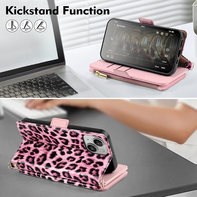 Antsturdy Compatible with iPhone 15 Wallet Case for Women【RFID Blocking】 Crossbody Phone Case PU Leather Zipper Wrist Strap Flip Cover Credit Card Holder Slots,for Apple 15 6.1",Leopard-Pink