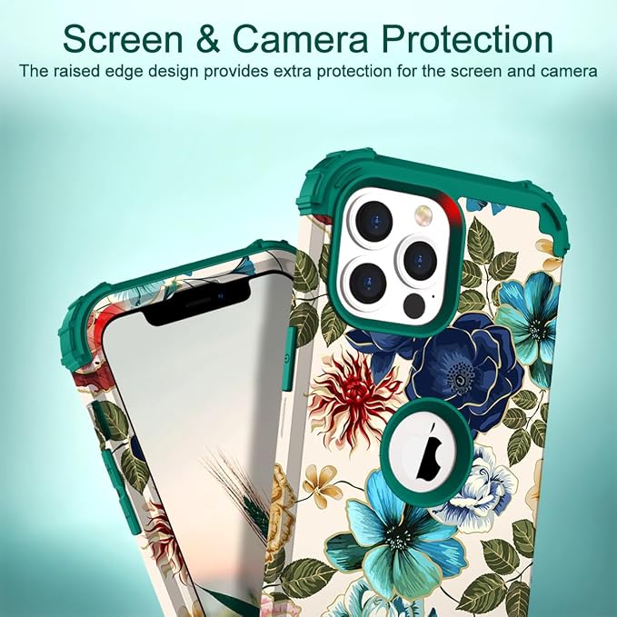 Hocase for iPhone 13 Pro Case, Heavy Duty Shockproof Protection Soft Silicone Rubber+Hard Plastic Bumpers Hybrid Protective Case for iPhone 13 Pro 6.1" 2021 - Teal Flowers