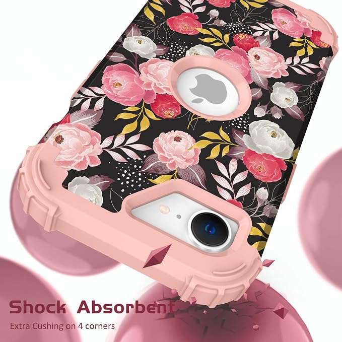 Hocase for iPhone 17e/iPhone 16e Case, Heavy Duty Shockproof Protection Hard Plastic+Silicone Rubber Hybrid Protective Phone Case for iPhone 17e/16e 6.1" - Rose Blossom