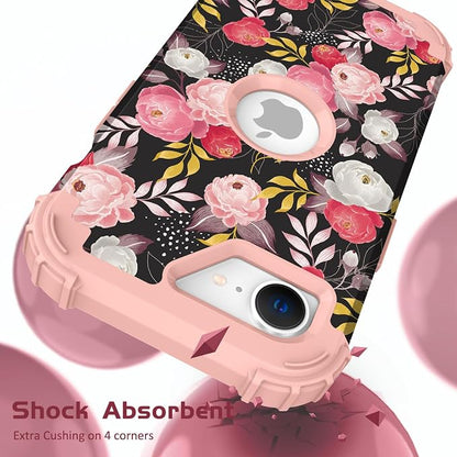 Hocase for iPhone 17e/iPhone 16e Case, Heavy Duty Shockproof Protection Hard Plastic+Silicone Rubber Hybrid Protective Phone Case for iPhone 17e/16e 6.1" - Rose Blossom