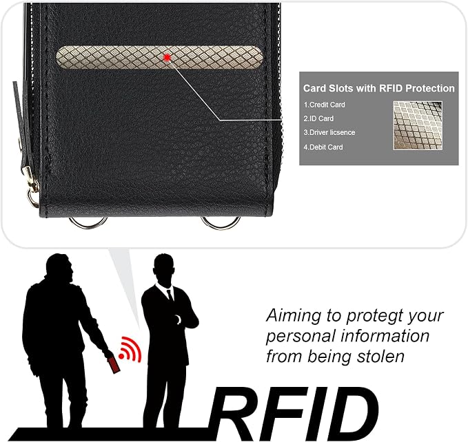 KIHUWEY Crossbody Wallet Case for iPhone 15 Pro Max, Zipper Pocket Case with Card Holder, PU Leather RFID Blocking Protective Cover with Kickstand and Detachable Wrist Strap Lanyard, 6.7" (Black)