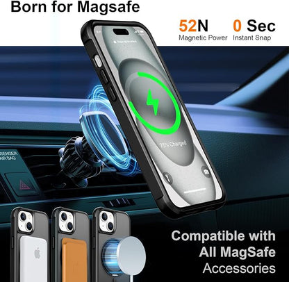 360° Magnetic Swivel Ring for iPhone 15 case, Built-in Metal Stand and Ring Holder, Magsafe Compatible, Military Grade Protection, Shock Resistant - Black