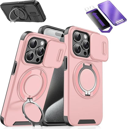 2026 New Case with Slide Camera Cover & 360° Rotatable Ring Kickstand, Free Tempered Glass Screen Protector for iPhone 11-17 Series (13 Pro Max,Pink)