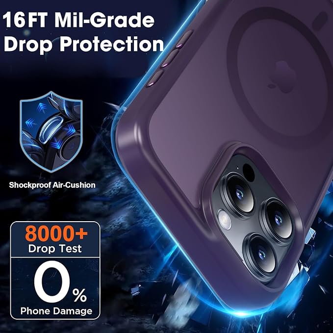 MOCCA Strong Magnetic for iPhone 16 Pro Phone Case, [Compatible with Magsafe][16FT Mil-Grade Drop Protection] Slim Thin Translucent Matte Protective Cover Case for iPhone 16 Pro Case, Deep Purple