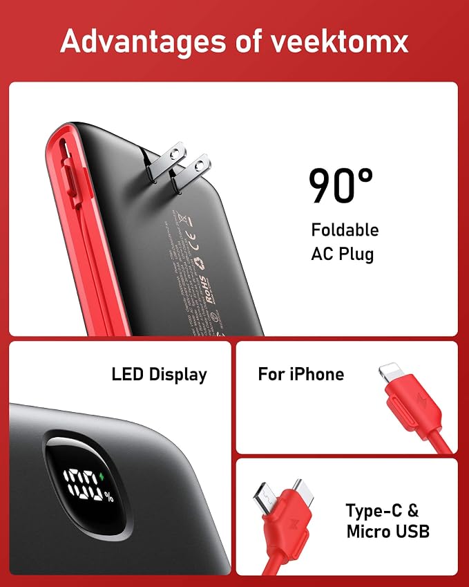 VEEKTOMX Portable Charger with Built in Cables 20000mAh, Power Bank for iPhone with AC Wall Plug, Fast Charging USB C Slim Battery Pack with LED Display Compatible with iPhone 17/16/15, Samsung