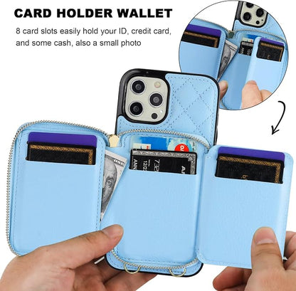 Bocasal Crossbody Wallet Case for iPhone 12 Pro Max, RFID Blocking PU Leather Zipper Handbag Purse Flip Cover, Kickstand Folio Case with Card Slots Holder Wrist Strap Lanyard 5G 6.7 Inch (Blue)