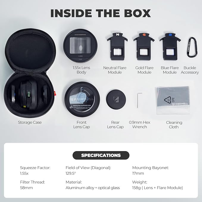 Freewell 1.55x Anamorphic Lens for iPhone & Samsung - 3-in-1 Streak (Neutral, Gold, Blue) - Cinematic Smartphone Lens with Oval Bokeh - Compatible with 17mm Mount Case & Cage