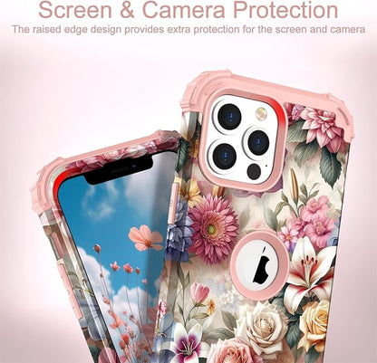 Hocase for iPhone 13 Pro Max Case, Heavy Duty Shockproof Protection Soft Silicone Rubber Bumper+Hard Plastic Hybrid Protective Case for iPhone 13 Pro Max (6.7") 2021 - Rose & Lily Flowers