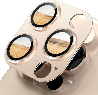 imluckies Alloy Metal Camera Lens Protector for iPhone 16 Pro / 16 Pro Max / 14 Pro / 14 Pro Max, 9H Tempered Glass, Ultra HD, Anti-Scratch, Strong Adhesion, Case Friendly, Desert Titanium