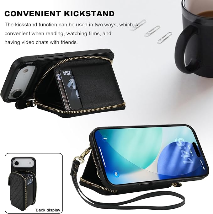 Bocasal Crossbody Wallet Case for iPhone 17 Air, RFID Blocking PU Leather Zipper Handbag Purse Flip Cover, Kickstand Folio Case with Card Slots Holder Wrist Strap Lanyard 5G 6.5 Inch (Black)