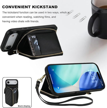 Bocasal Crossbody Wallet Case for iPhone 17 Air, RFID Blocking PU Leather Zipper Handbag Purse Flip Cover, Kickstand Folio Case with Card Slots Holder Wrist Strap Lanyard 5G 6.5 Inch (Black)