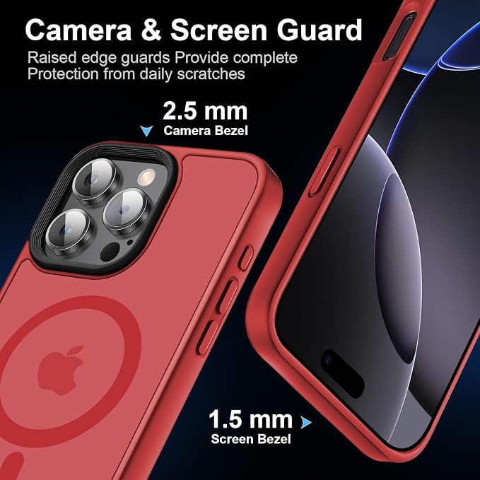 Strong Magnetic Case for iPhone 16 Pro Case [10FT-Grade Drop Tested & Compatible with MagSafe] Translucent Anti-Fingerprint Anti Shockproof Protective Shell 6.3 Inch, Red