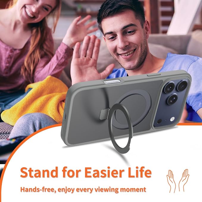 Ultra-Magnetic Stand for iPhone 17 Pro Case [Military Drop Protection] [Compatible with MagSafe] Shockproof Translucent Matte Slim Ring Holder Case for iPhone 17 Pro (Gray)