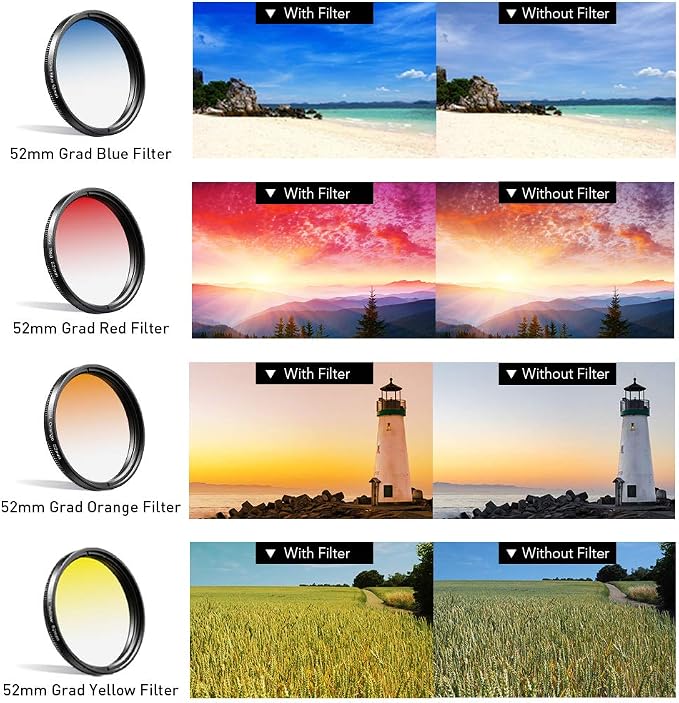 Apexel 52mm Filter Lens Kit (Graduated Filter Lens-Red Orange Yellow Blue, CPL, ND32, Star Lens-6 Point) for Smartphone Camera Canon Nikon Sony Olympus