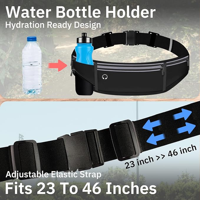 Running Belt with 500ml Water Bottle Holder Slim Waist Pack Fanny Pack Phone Holder Water Resistant Reflective Adjustable Elastic Strap Lightweight Capacity Running Waist Bag (Gray)