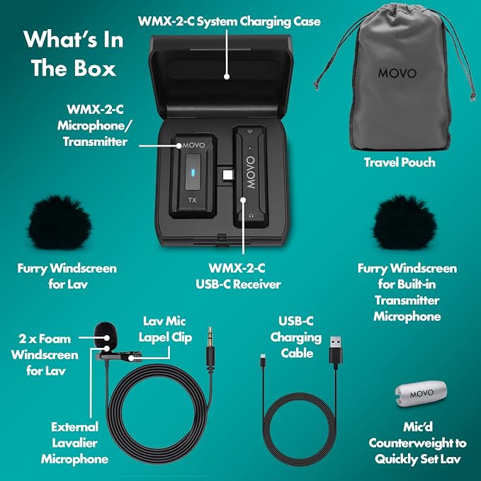 Movo WMX-2-C Wireless Microphone for USB-C Devices – Wireless Lavalier Mic System with Charging Case – Clip-On Lapel Mic for iPhone 15 and Up, Android, iPad Pro, MacBook – 7HR Battery, 328ft Range