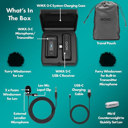 Movo WMX-2-C Wireless Microphone for USB-C Devices – Wireless Lavalier Mic System with Charging Case – Clip-On Lapel Mic for iPhone 15 and Up, Android, iPad Pro, MacBook – 7HR Battery, 328ft Range