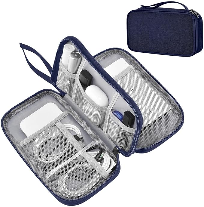 ZINMARK Portable Cable Organizer Case,Travel Pouch with Double-Layer Storage for Cables,Chargers,Earbuds & Phone,Dark Blue