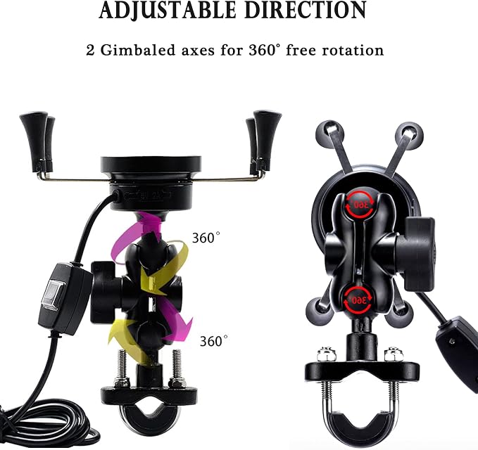 15W Fast Charging Adapter, Wireless Qi Motorcycle Phone Holder with 4 Jaw Mechanical Locking, 360° Rotating Aluminum Alloy, Compatible with 3-7 inch Smartphones