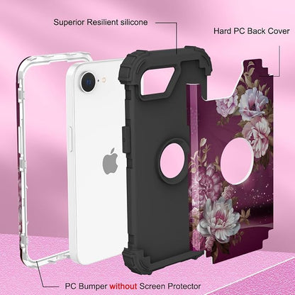 Hocase for iPhone 17e/iPhone 16e Case, Heavy Duty Shockproof Protection Hard Plastic+Silicone Rubber Hybrid Protective Phone Case for iPhone 17e/16e 6.1" - Royal Purple Flowers