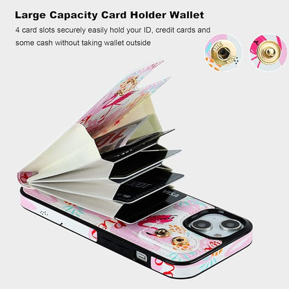 HAOPINSH for iPhone 13/ iPhone 14 Wallet Case with Card Holder, 360°Rotation Ring Kickstand, Pink Flamingo Pattern, RFID Blocking Leather for Girls Women, Double Buttons Flip Protective Cover 6.1"