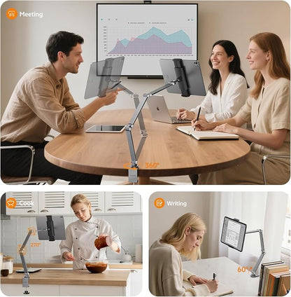 LULULOOK Tablet Stand iPad Phone Holder for Desk, Heavy Duty Aluminum 360° Rotating & Foldable Arm Mount Kindle Holder for Bed, Stand for iPad Pro, Kindle, Portable Monitor, Max 15.6"