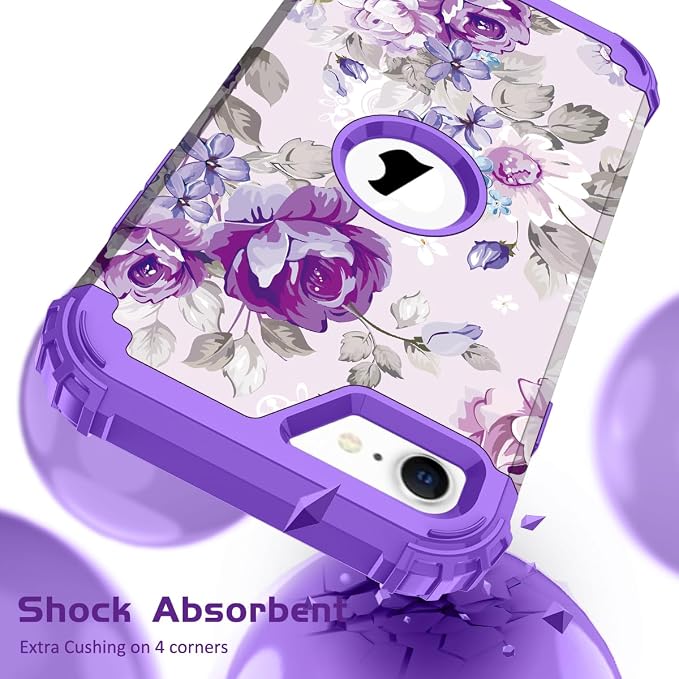 Hocase for iPhone SE 2022/2020 Case, Heavy Duty Shockproof Protection Hard Plastic+Silicone Rubber Hybrid Protective Case for iPhone SE 3rd/2nd Generation (4.7") - Lavender Flowers