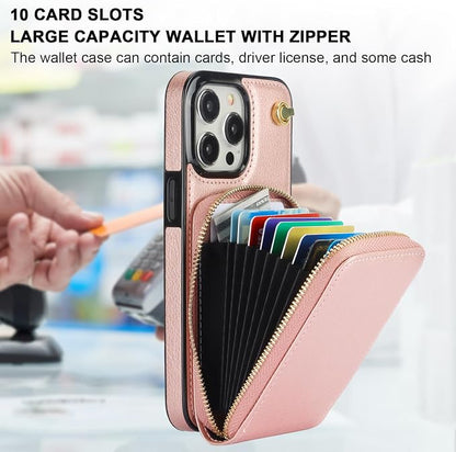 KIHUWEY Crossbody Wallet Case for iPhone 15 Pro Max, Zipper Pocket Case with Card Holder, PU Leather RFID Blocking Protective Cover with Kickstand and Detachable Wrist Strap Lanyard - 6.7" (Rose Gold)