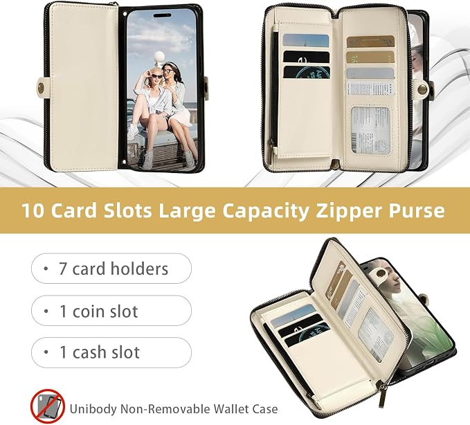 Rssviss Crossbody Case Wallet for iPhone 16 Pro, RFID Blocking Leather Case with Card Holder Kickstand, Handbag Zipper Flip Cover with Wrist Strap for iPhone 16 Pro Men Women 6.3", White