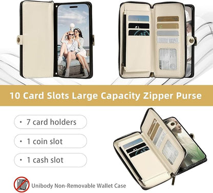 Rssviss Crossbody Case Wallet for iPhone 16 Pro, RFID Blocking Leather Case with Card Holder Kickstand, Handbag Zipper Flip Cover with Wrist Strap for iPhone 16 Pro Men Women 6.3", White
