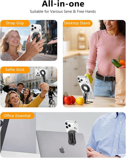 Oerwin for Magsafe Phone Grip Stand, 6-in-1 Magnetic Phone Holder for Magsafe Kickstand, 360° Rotation Phone Ring Holder with Elastic Strap, Compatible with iPhone 17/16/15/14/13/12 Series & Android