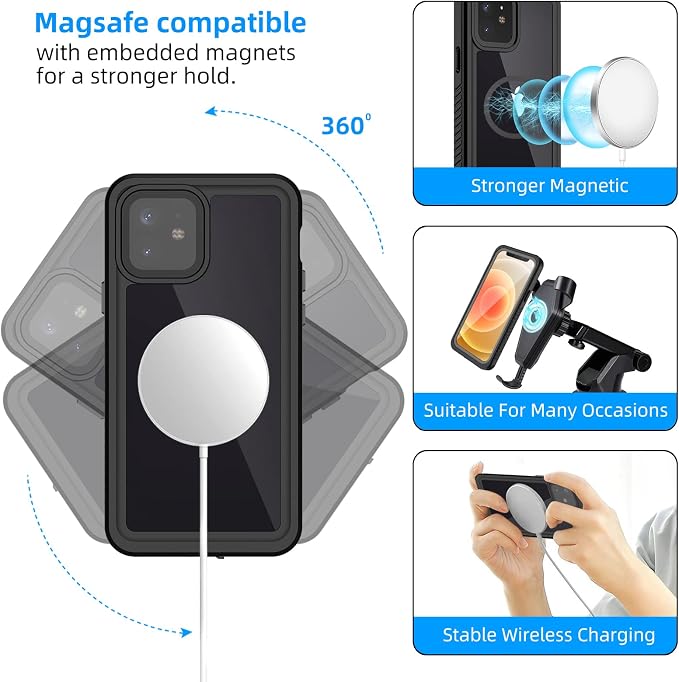WIFORT Magnetic for iPhone 12 Waterproof Case - [Certified Water Proof & Military Protection] with [Built-in Screen Protector], Full Body Shockproof Phone Case Cover for iPhone 12 6.1"