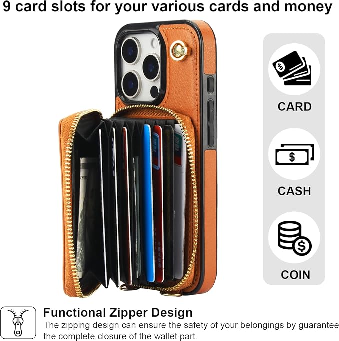 Bocasal Crossbody Wallet Case for iPhone 16 Pro, RFID Blocking Leather Purse Case with Card Holder, Protective Handbag Flip Cover with Zipper Wrist Strap Lanyard for Women 5G 6.3 Inch (Brown)