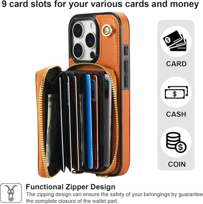 Bocasal Crossbody Wallet Case for iPhone 16 Pro, RFID Blocking Leather Purse Case with Card Holder, Protective Handbag Flip Cover with Zipper Wrist Strap Lanyard for Women 5G 6.3 Inch (Brown)