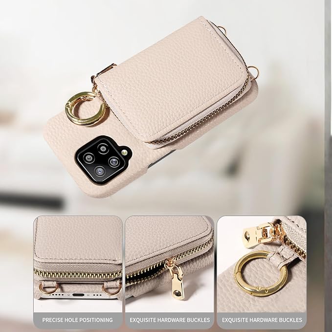 Wallet Case for Samsung Galaxy A22 4G 6.4 inch with Shoulder Strap Ring Buckle, PU Leather Zipper Organ Purse, Credit Card Holder Stand Phone Cover for M32 M22 F22 A 22 22A G4 Women Men White