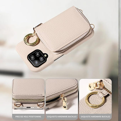 Wallet Case for Samsung Galaxy A22 4G 6.4 inch with Shoulder Strap Ring Buckle, PU Leather Zipper Organ Purse, Credit Card Holder Stand Phone Cover for M32 M22 F22 A 22 22A G4 Women Men White
