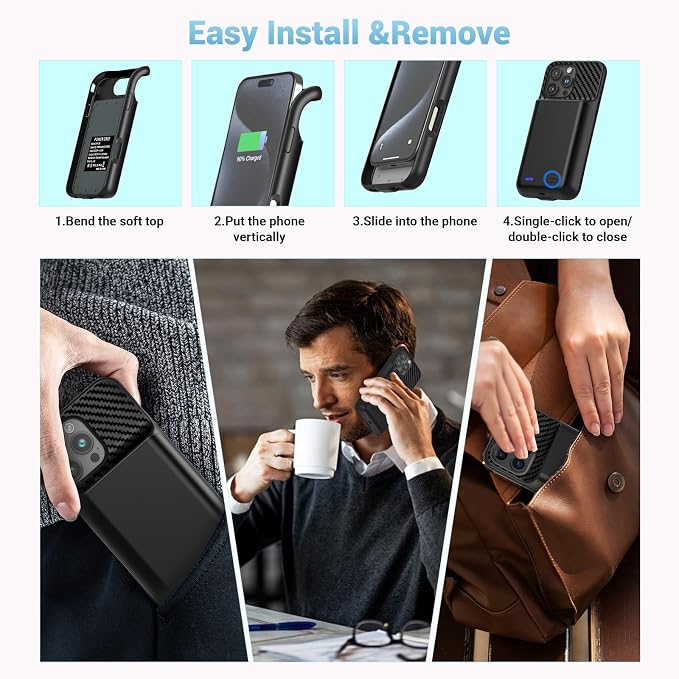 Battery Case for iPhone 15 Pro Max (6.7 inch), 13800mAh [High Capacity] 2026 Upgraded Portable Battery Charging Charger Case, Rechargeable Battery Back with Tempered Glass Screen Protector,Black