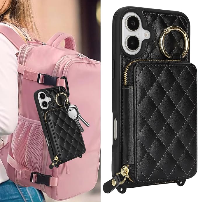 Crossbody Wallet Case for iPhone 17, PU Leather Zipper Handbag Purse Flip Cover, Kickstand Folio Case with Card Slots Holder Wrist Strap Lanyard 5G 6.3 Inch-Black