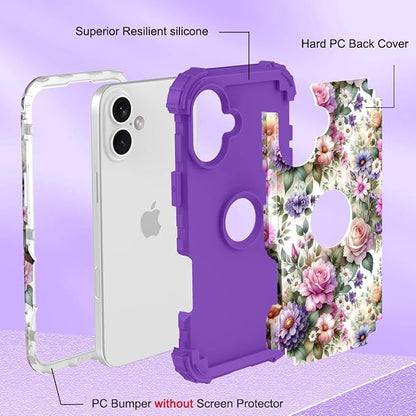 Hocase for iPhone 16 Case 6.1", Heavy Duty Shockproof Protection Soft Silicone Rubber+Hard Plastic Bumpers Hybrid Protective Case for iPhone 16 2024 - Purple Pink Flowers