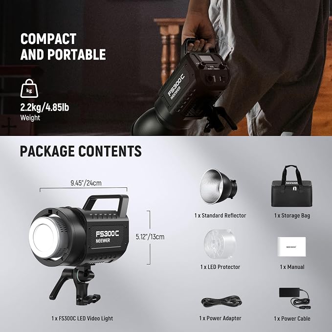 NEEWER 300W RGB LED Video Light APP/2.4G Control 17 Effects, 2500-7500K 29000lux/1m COB Continuous Output Lighting, CRI95+/TLCI97+ 4 Dimming Curves Bowens Mount Spotlight for Studio Shoots, FS300C