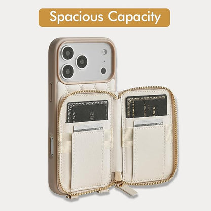 ZVE for iPhone 17 Pro Case Wallet with Strap, Crossbody Protective Lanyard Flip Cover with Ring Holder 6.3 Inch-Beige