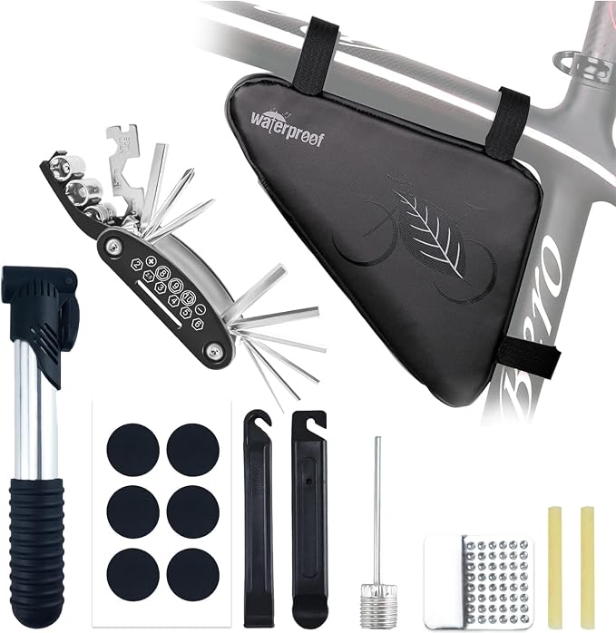 NDakter Bike Triangle Frame Bag & Bicycle Repair Kit, 2L Waterproof Storage Pouch with 16-in-1 Multi-tool, Portable Bike Tool Set for Flat Tire Repair, Cycling Accessories for Mountain Road Bike, MTB