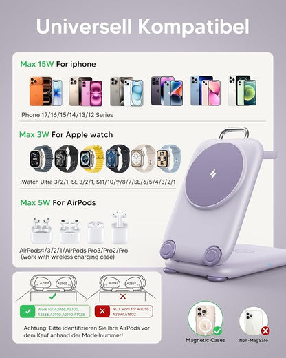 Mukiya PaktVault 2026 Traveling Fast Wireless Charging Station for Apple Devices, Magnetic 3 in 1 MagSafe Charger Stand for iPhone 17 16 15 14 13 12 Pro Max Plus Air, Apple Watch&Air pods Pro, PU